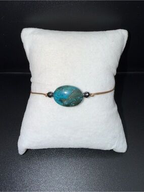 Turquoise Stone Cord Bracelet - Blue Green Gem Accent pull cord. Fits many sizes